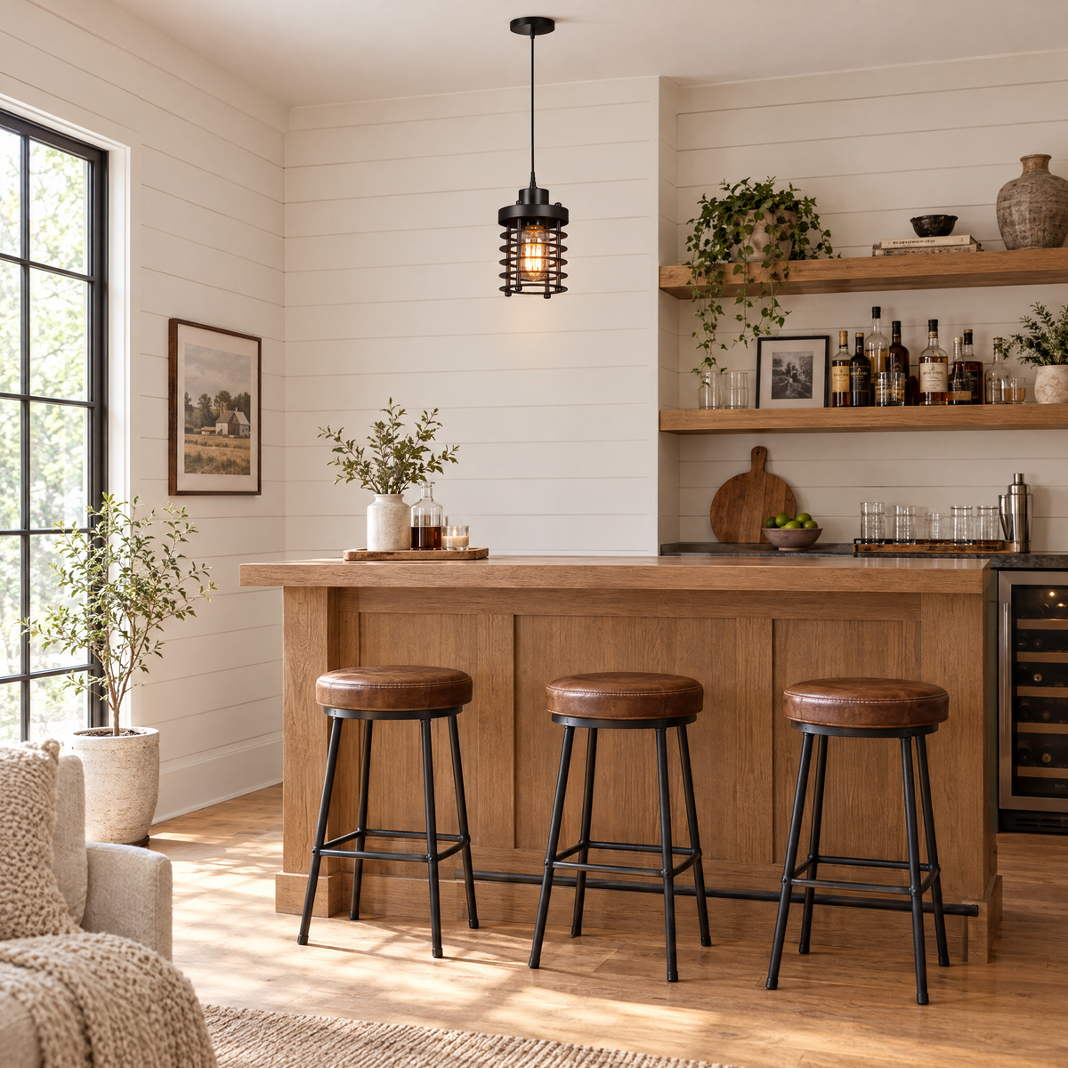 Industrial Cage Pendant Light, 2000-3000 lm - Black in a home bar