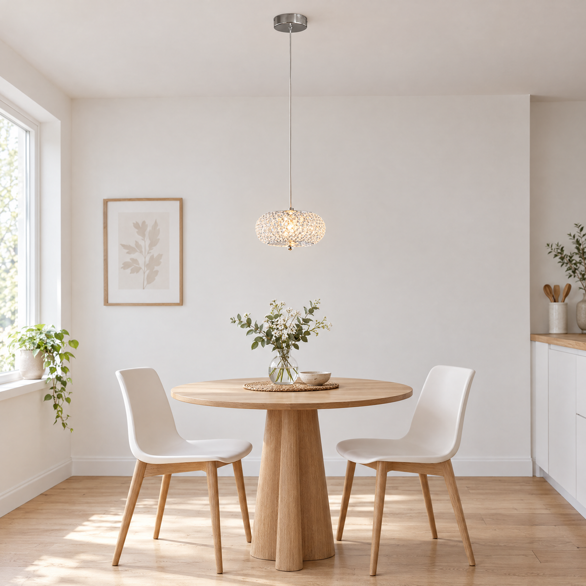 Small Crystal Drum Pendant Light, Dimmable in a dining room