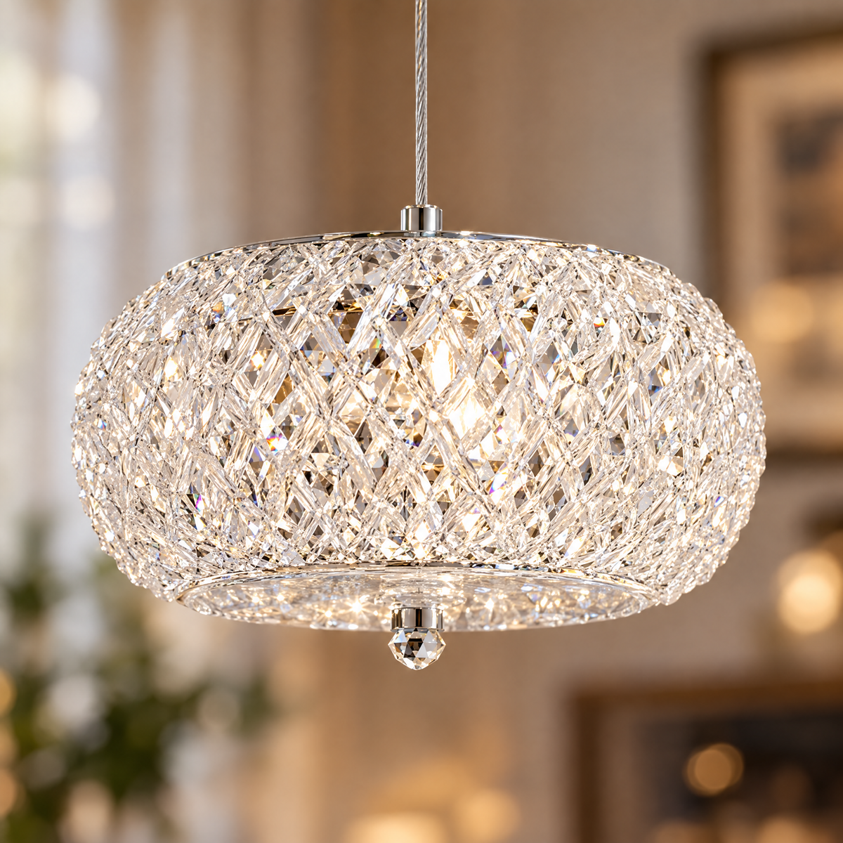Small Crystal Drum Pendant Light, Dimmable close-up detail