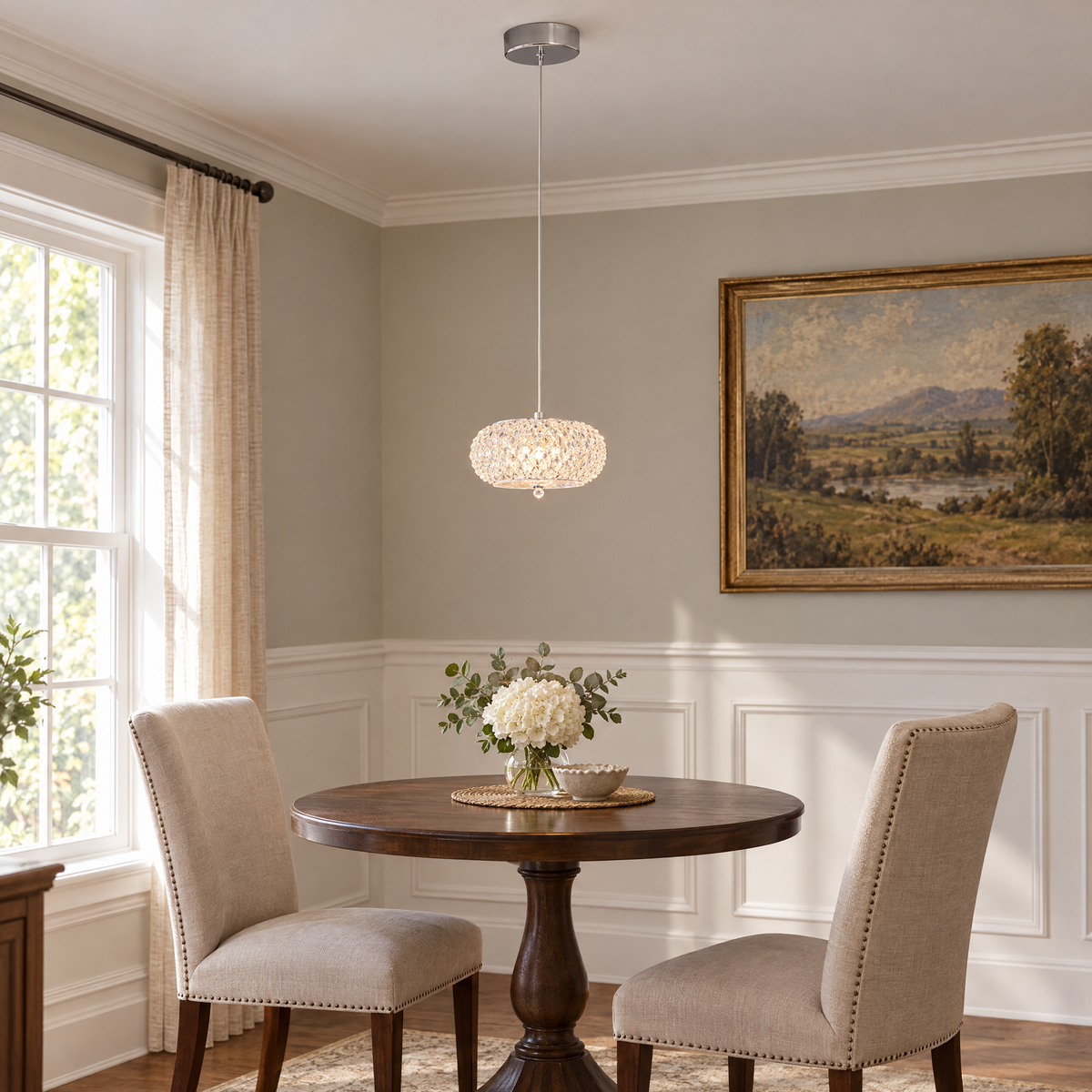 Small Crystal Drum Pendant Light, Dimmable in a dining room