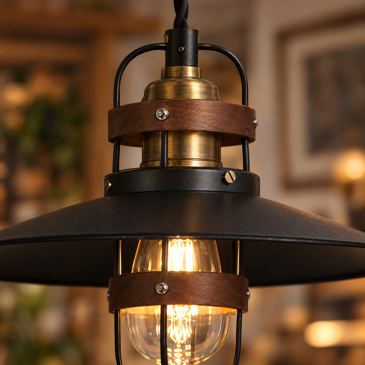 Vintage Black Iron Pendant Light, Farmhouse close-up detail
