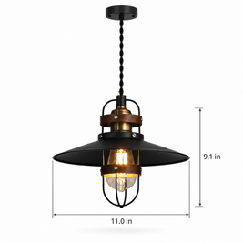 Vintage Black Iron Pendant Light, Farmhouse on white with dimensions