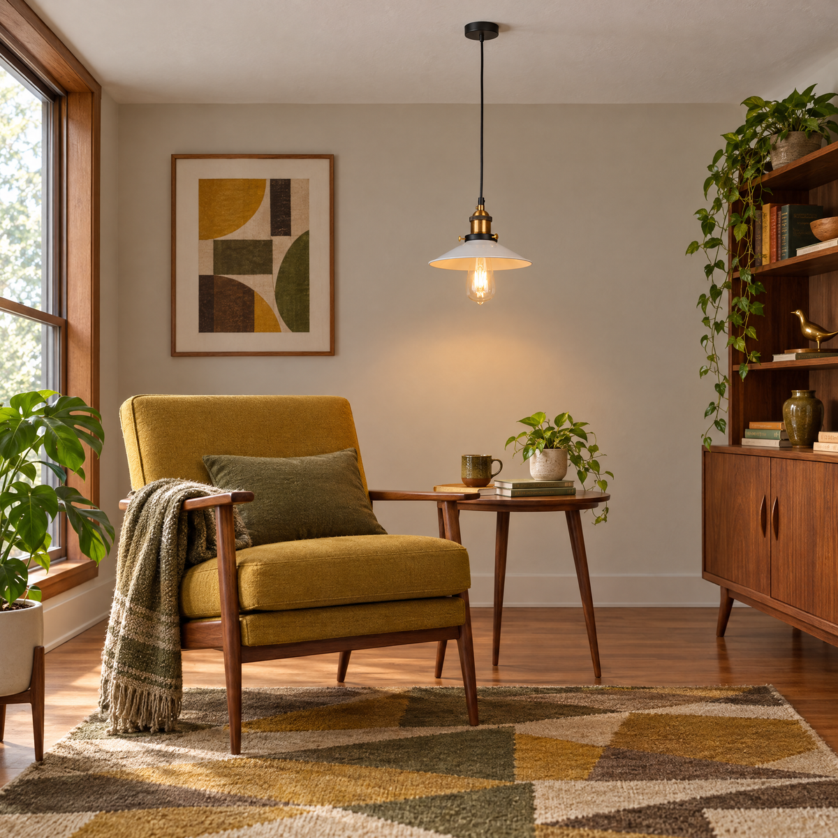 Adjustable Cone Pendant Light, Black or Gold - White in a reading corner
