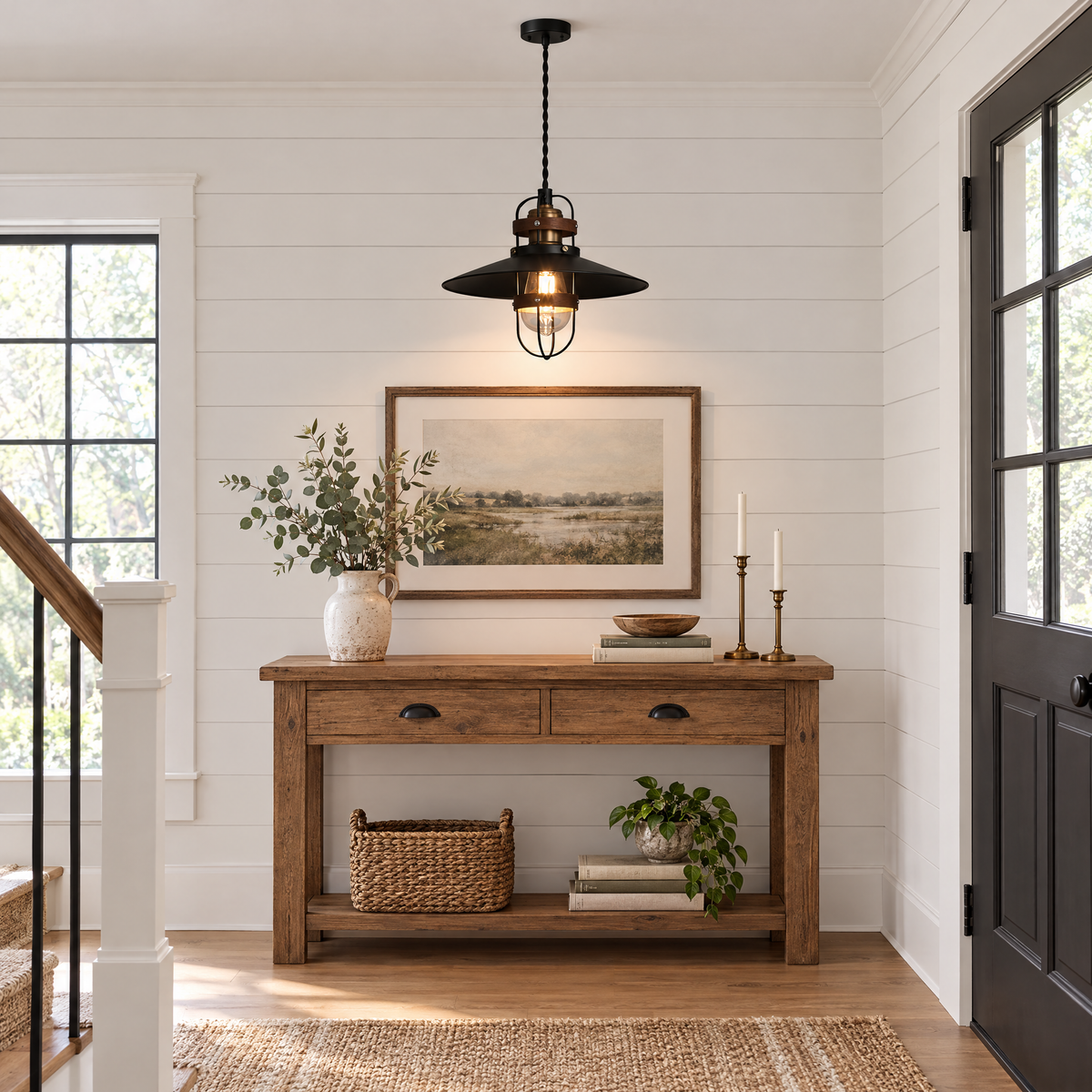 Vintage Black Iron Pendant Light, Farmhouse in an entryway