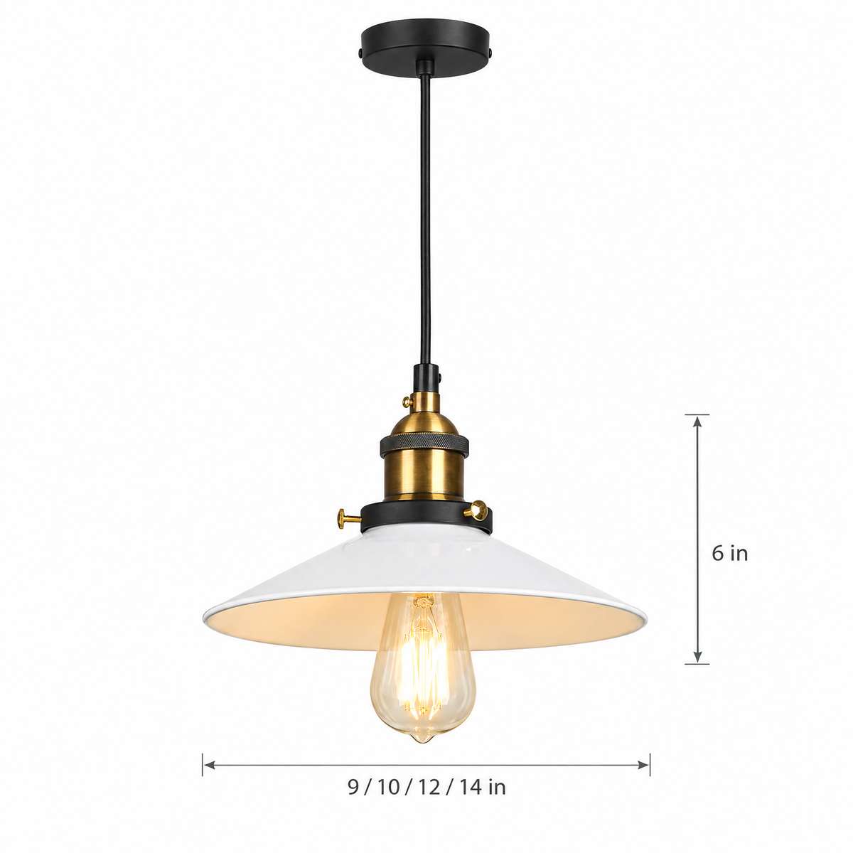 Adjustable Cone Pendant Light, Black or Gold - White on white with dimensions