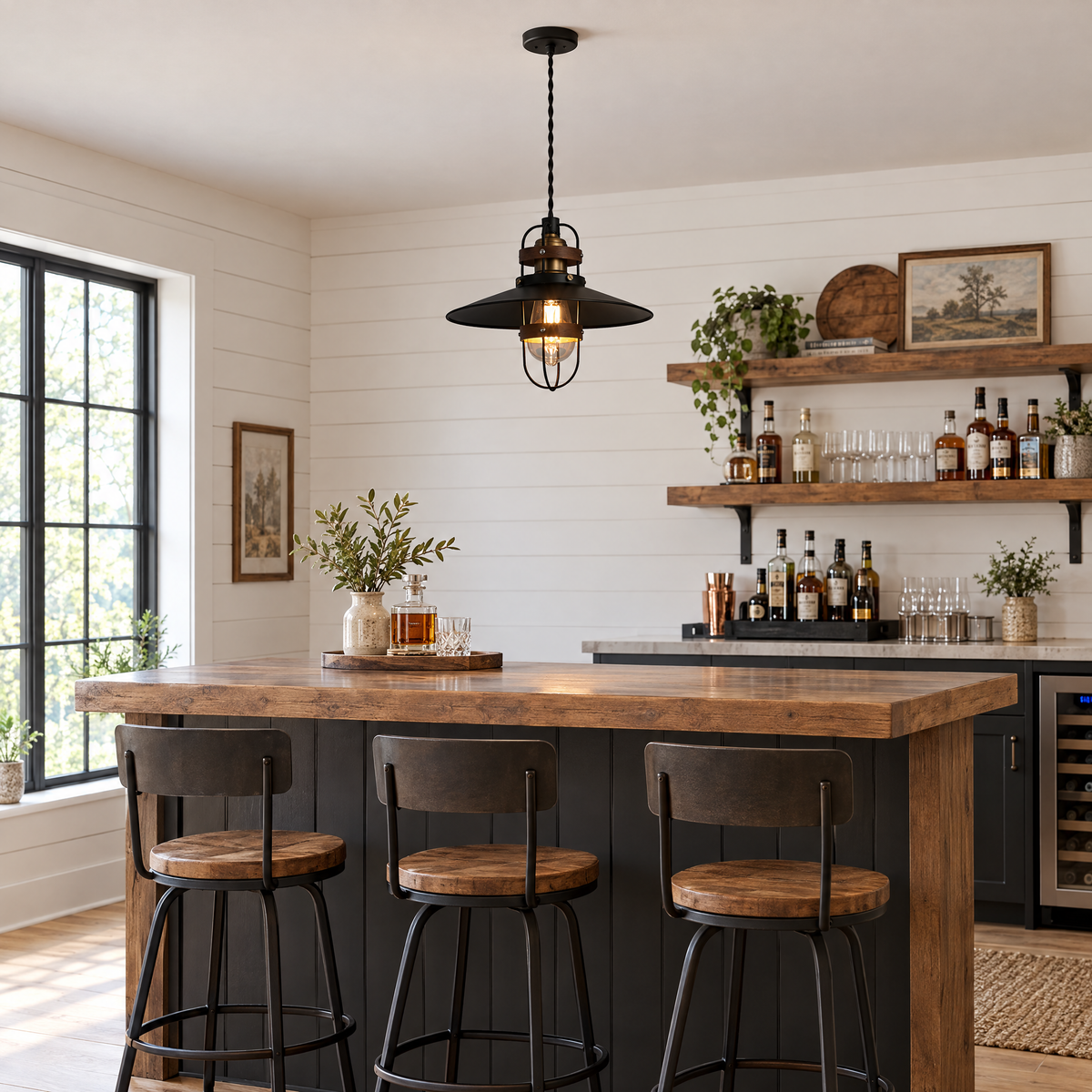 Vintage Black Iron Pendant Light, Farmhouse in a home bar