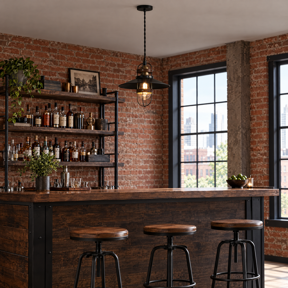Vintage Black Iron Pendant Light, Farmhouse in a home bar