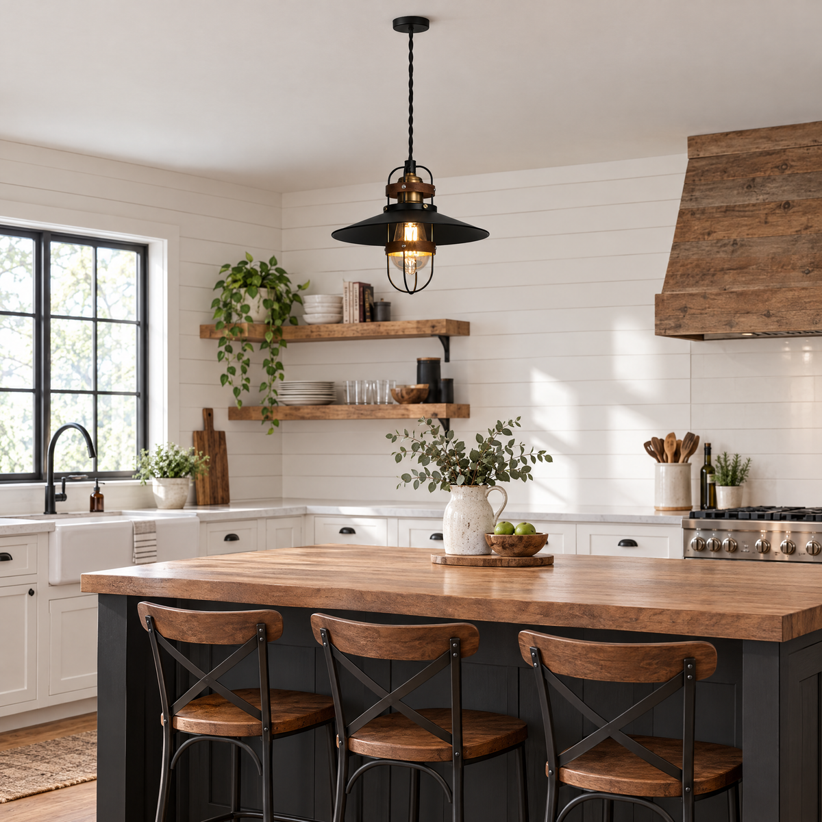 Vintage Black Iron Pendant Light, Farmhouse in a kitchen