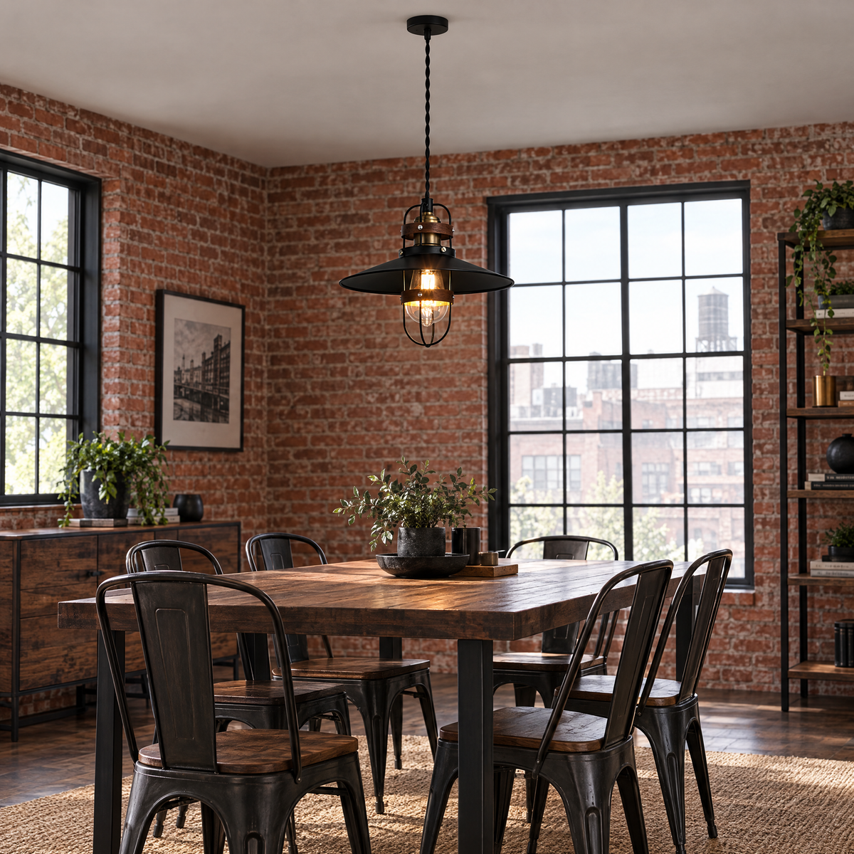 Vintage Black Iron Pendant Light, Farmhouse in a dining room