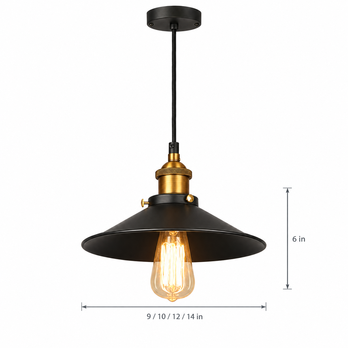 Adjustable Cone Pendant Light, Black or Gold - Black on white with dimensions
