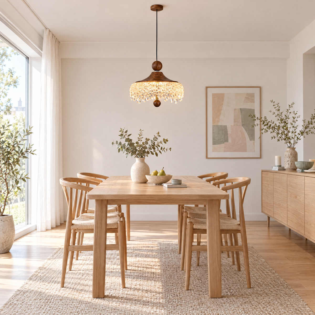 Walnut Teardrop Pendant Light, Dimmable - Conventional in a dining room