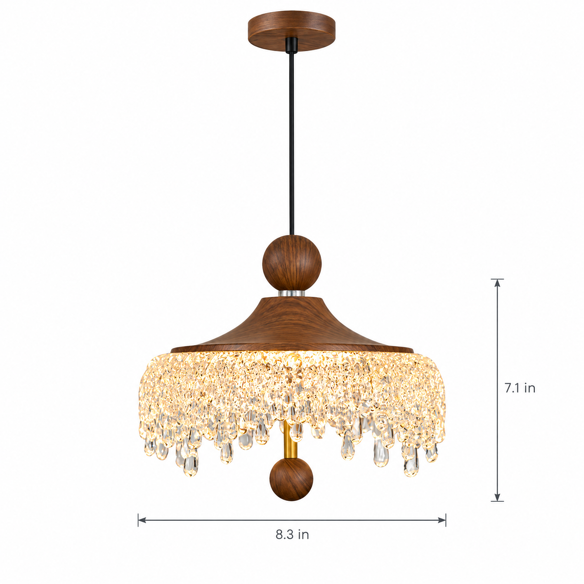 Walnut Teardrop Pendant Light, Dimmable - Conventional on white with dimensions