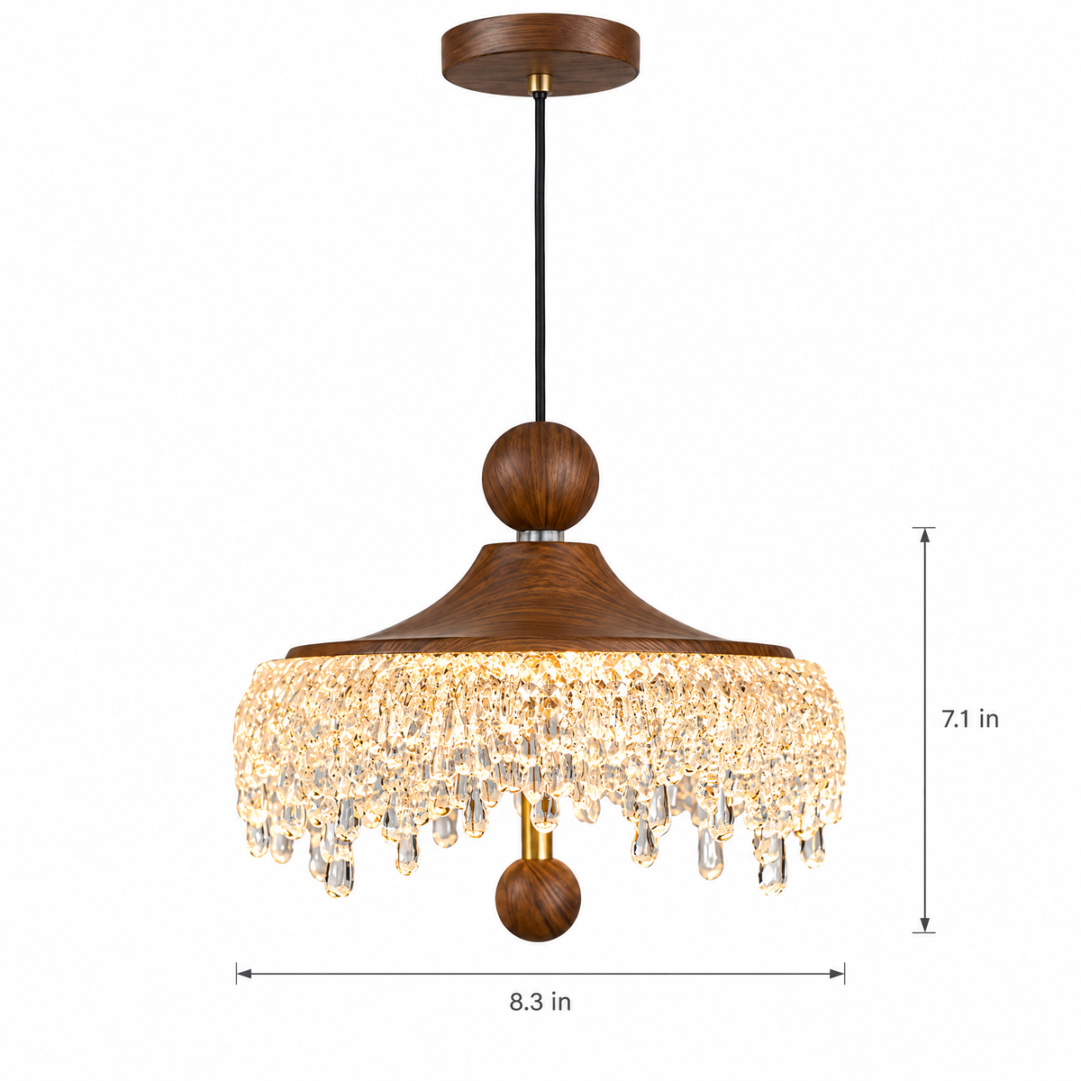 Walnut Teardrop Pendant Light, Dimmable - Lifting type on white with dimensions