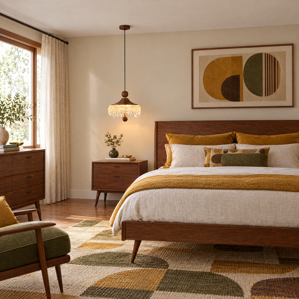 Walnut Teardrop Pendant Light, Dimmable - Conventional in a bedroom