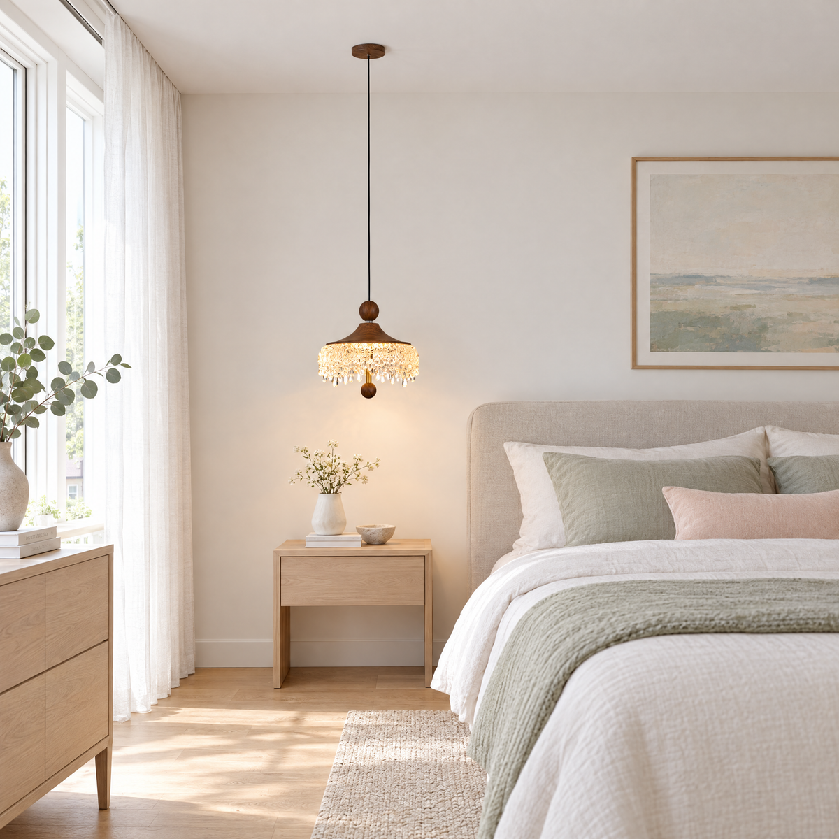 Walnut Teardrop Pendant Light, Dimmable - Lifting type in a bedroom