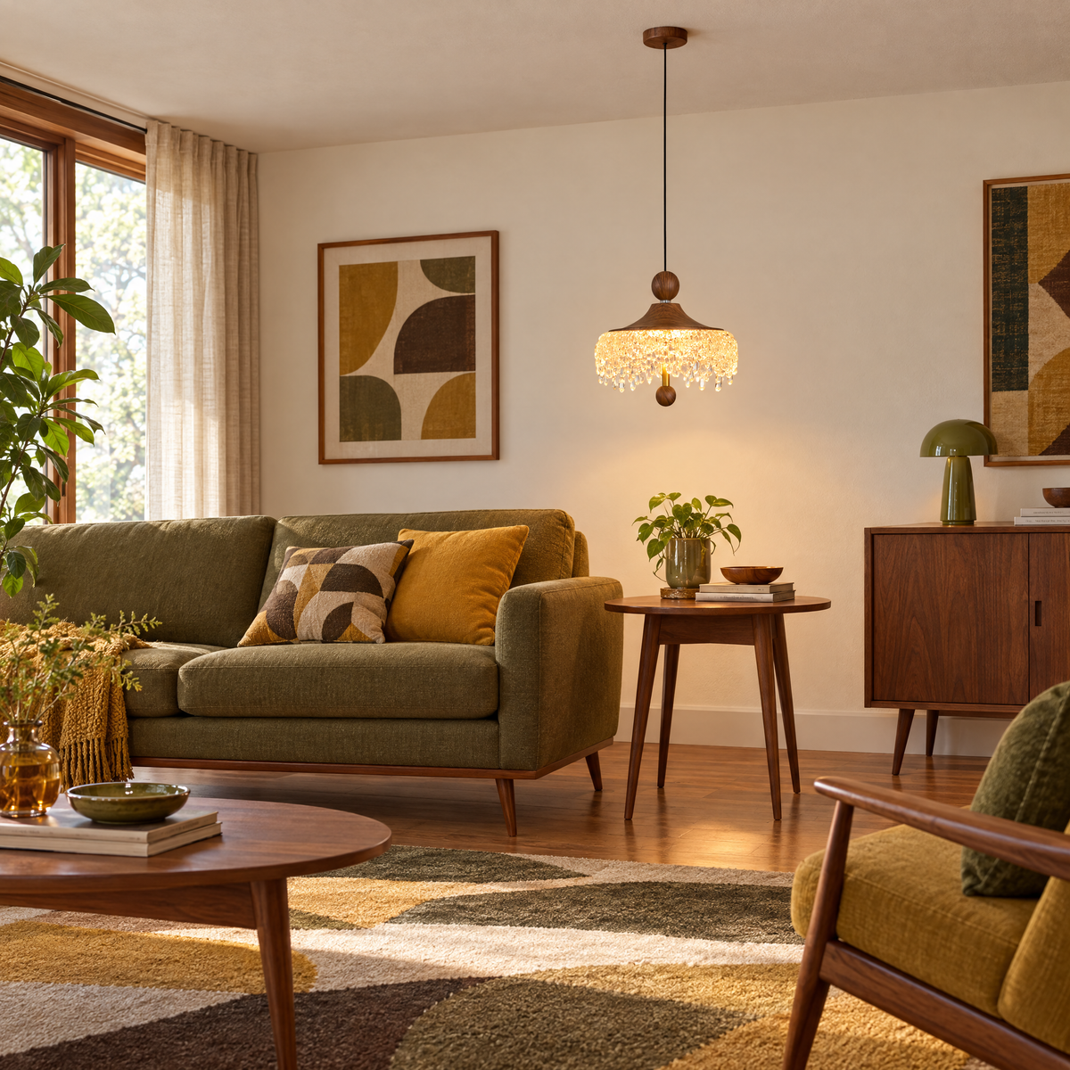Walnut Teardrop Pendant Light, Dimmable - Lifting type in a living room
