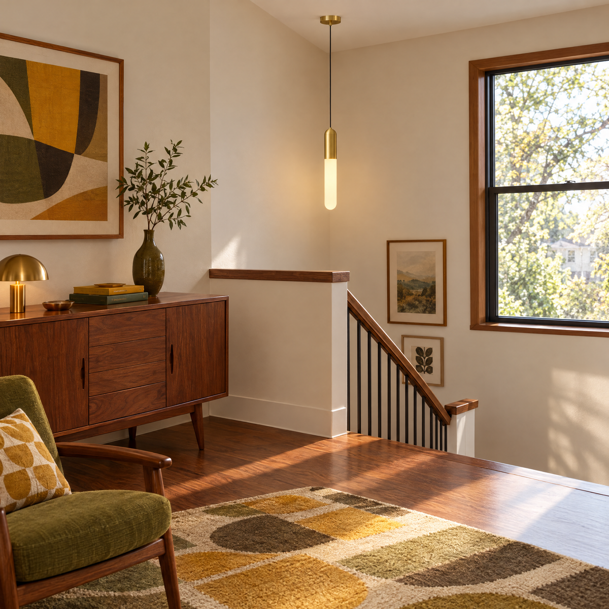 Long Copper Pendant Light, 3-Step Dimming - Copper in a stairwell