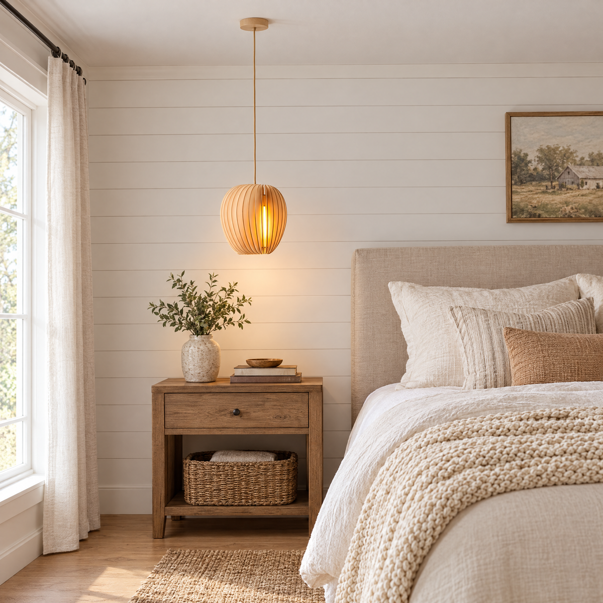 Wood Slat Pendant Light, Rustic Handmade in a bedroom