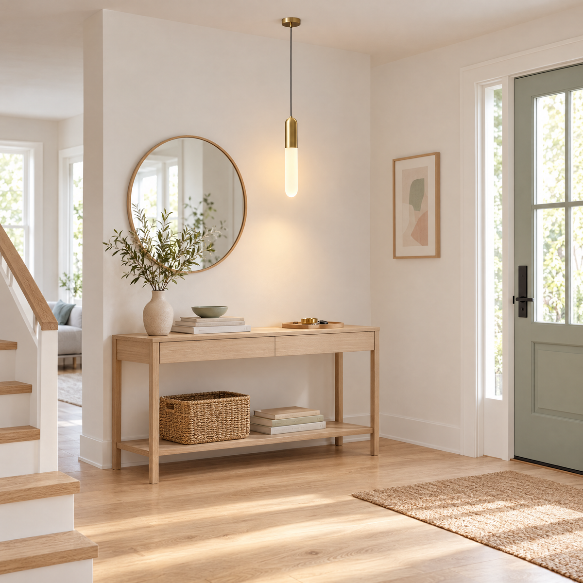 Long Copper Pendant Light, 3-Step Dimming - Copper in an entryway