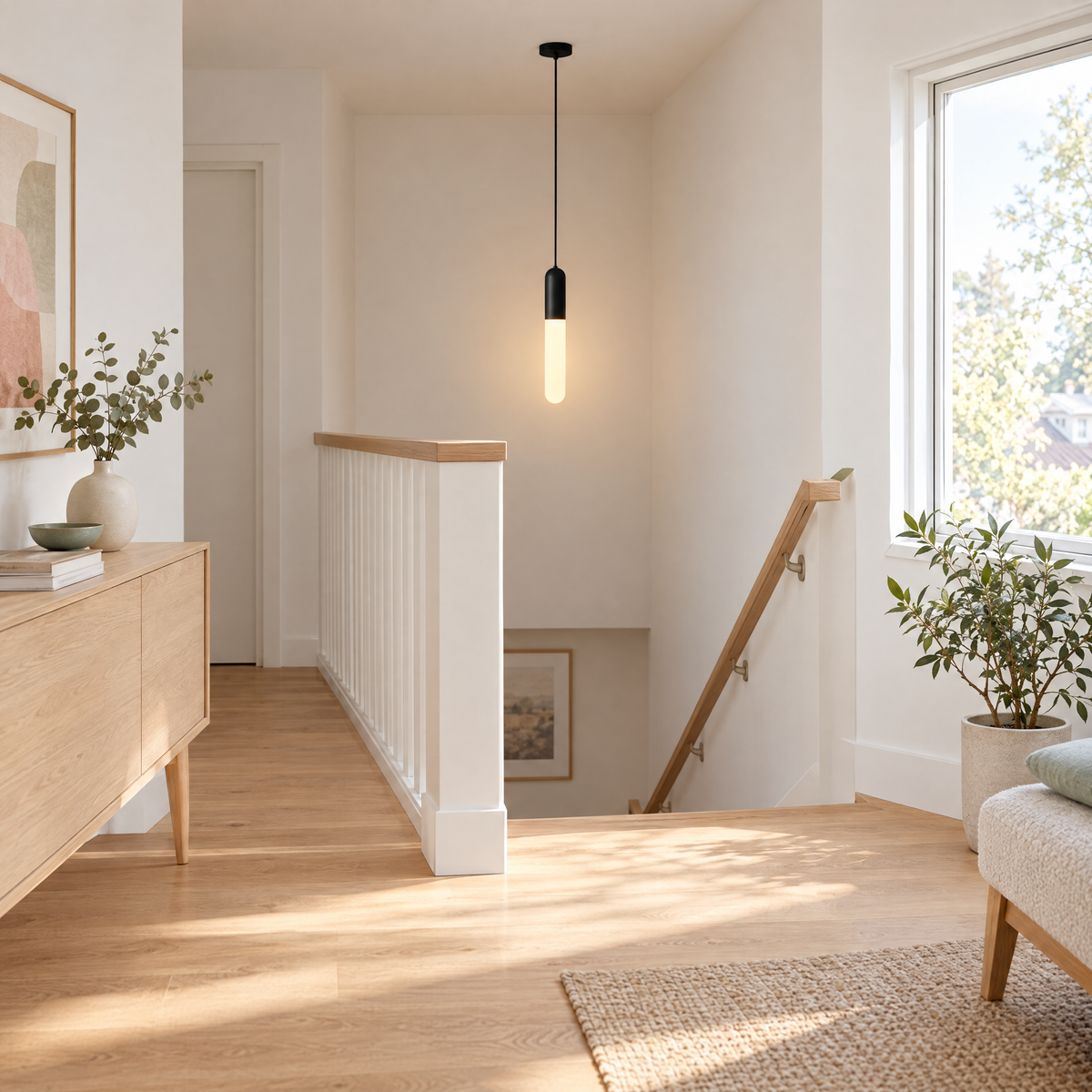 Long Copper Pendant Light, 3-Step Dimming - Black in a stairwell