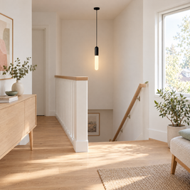 Long Copper Pendant Light, 3-Step Dimming - Black in a stairwell
