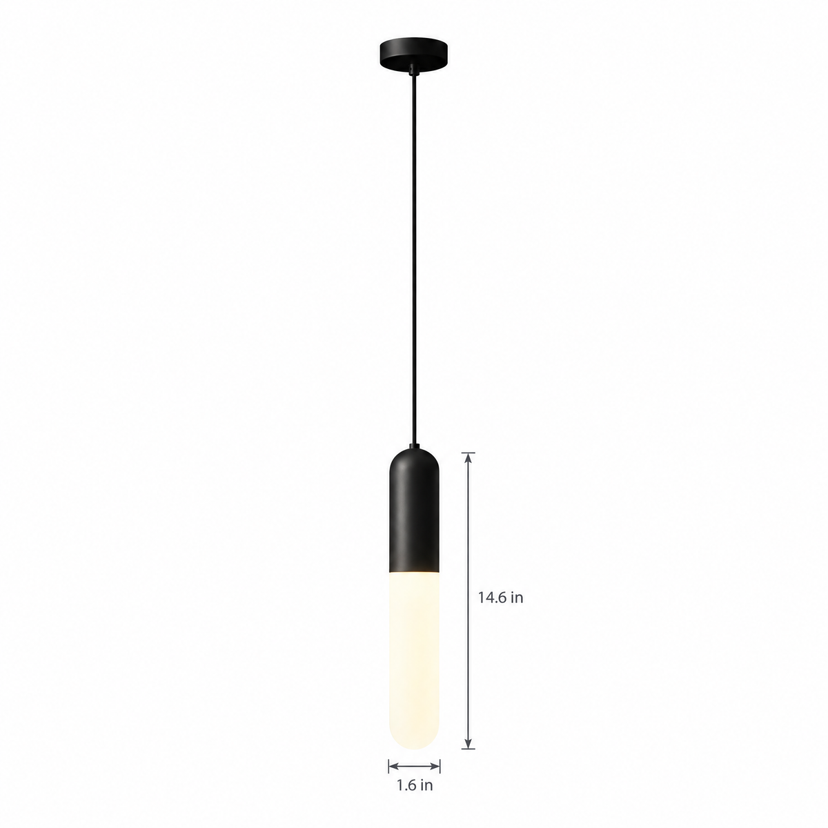 Long Copper Pendant Light, 3-Step Dimming - Black on white with dimensions
