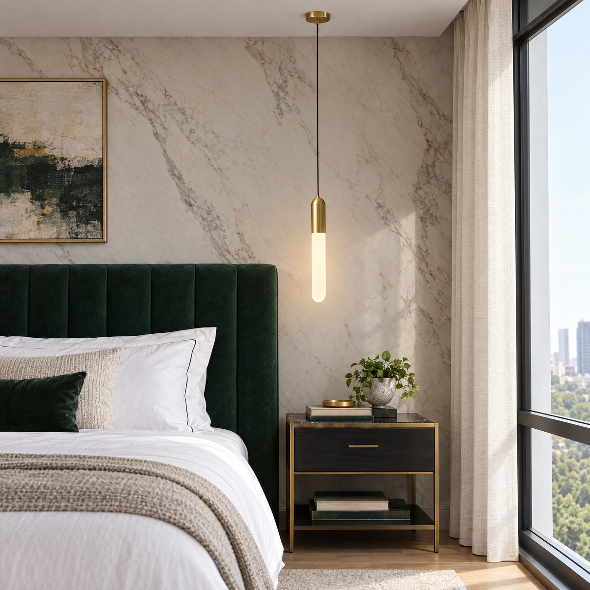 Long Copper Pendant Light, 3-Step Dimming - Copper in a bedroom