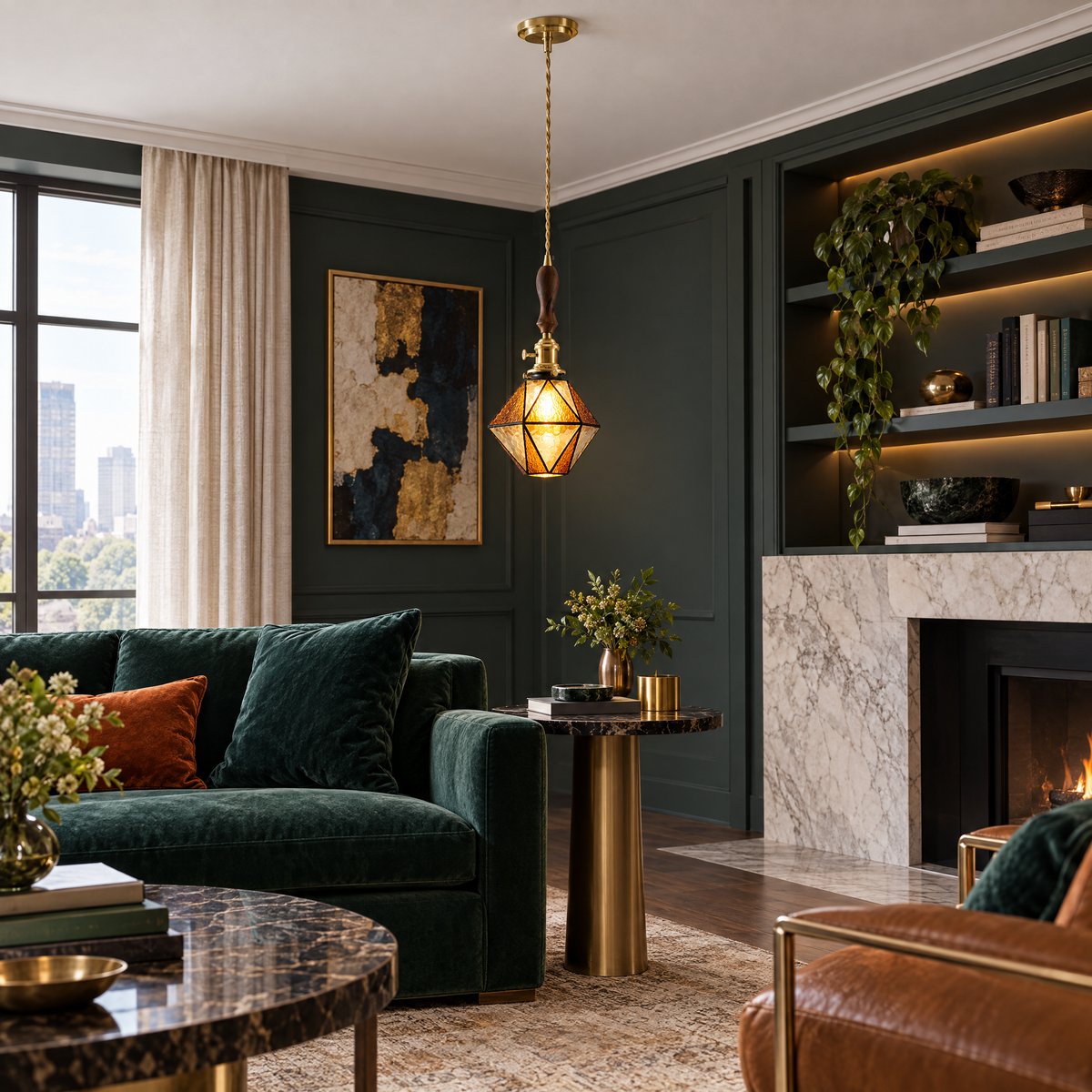 Diamond Pendant Light, Vintage Brass & Wood - B-type brown chandelier in a living room