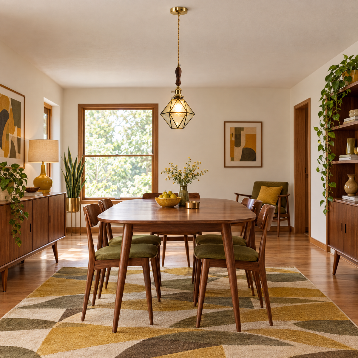 Diamond Pendant Light, Vintage Brass & Wood - A-type clear light chandelier in a dining room