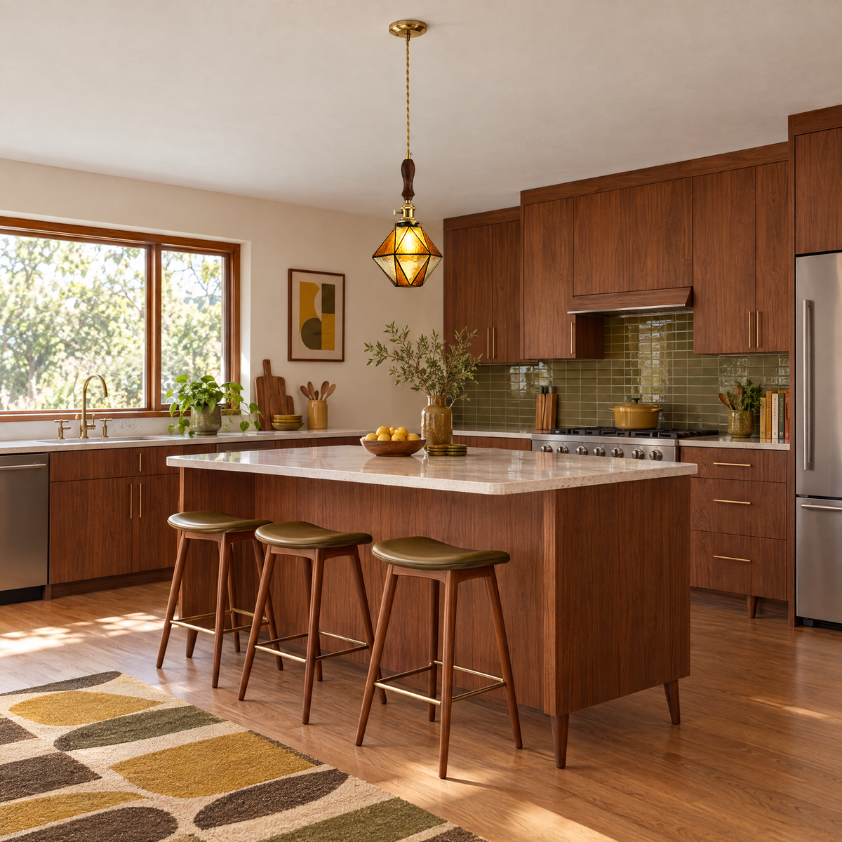 Diamond Pendant Light, Vintage Brass & Wood - B-type brown chandelier in a kitchen
