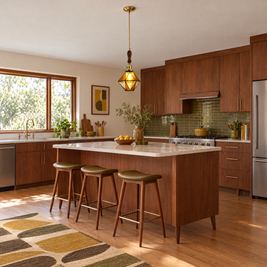 Diamond Pendant Light, Vintage Brass & Wood - B-type brown chandelier in a kitchen