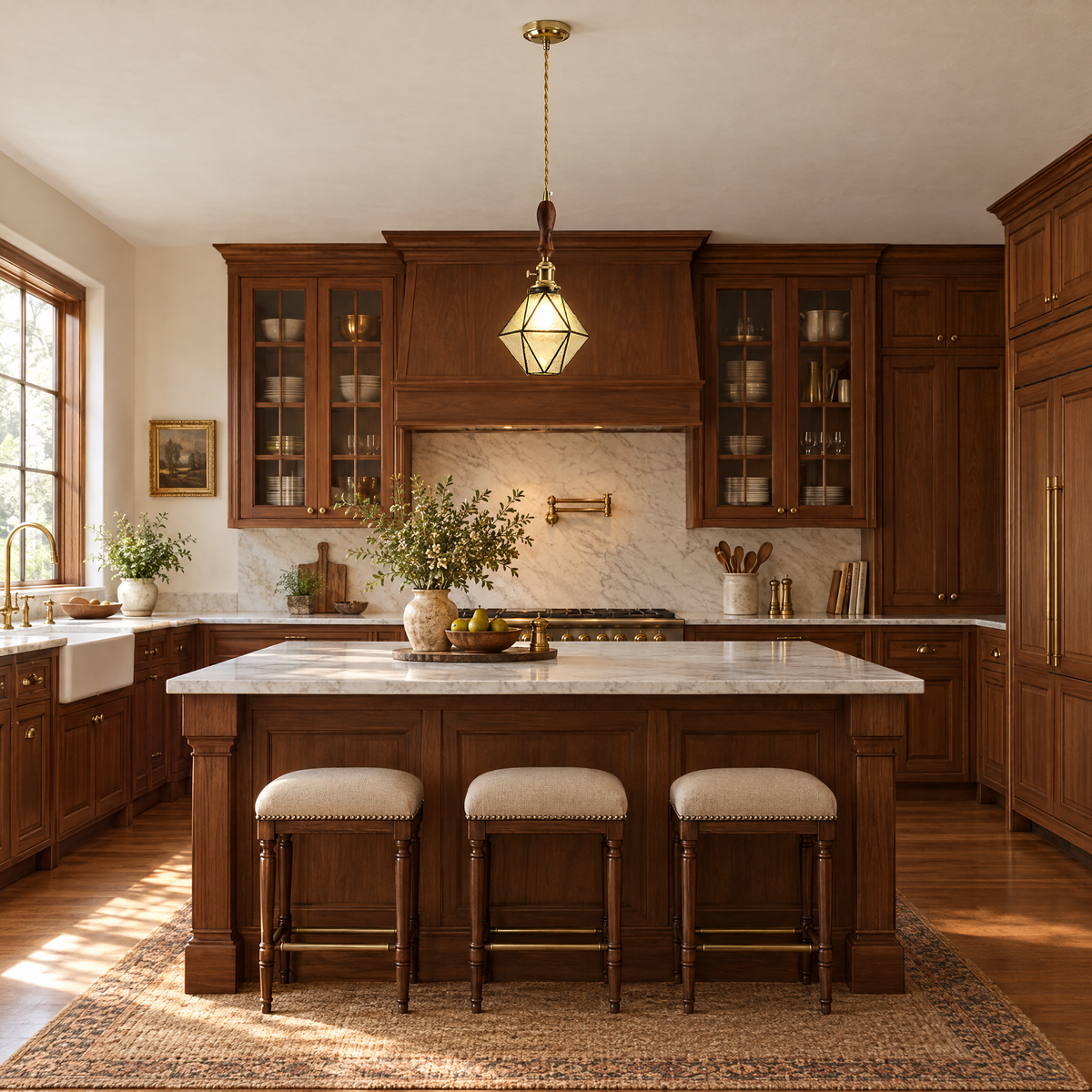 Diamond Pendant Light, Vintage Brass & Wood - A-type clear light chandelier in a kitchen
