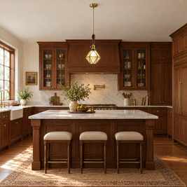Diamond Pendant Light, Vintage Brass & Wood - A-type clear light chandelier in a kitchen