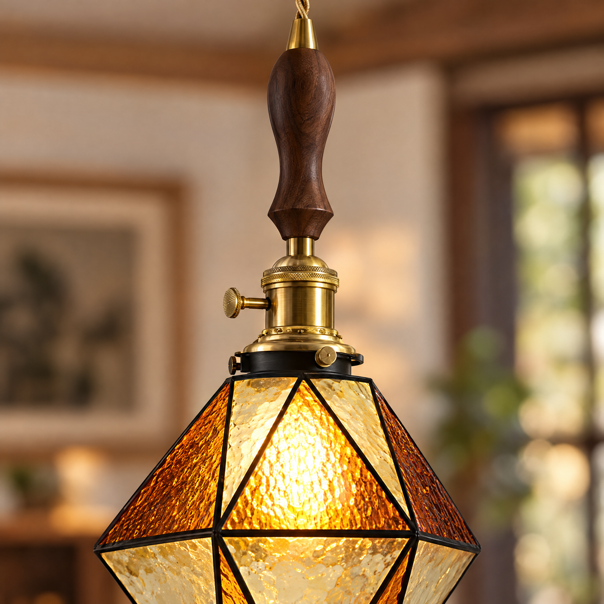 Diamond Pendant Light, Vintage Brass & Wood - B-type brown chandelier close-up detail