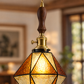 Diamond Pendant Light, Vintage Brass & Wood - B-type brown chandelier close-up detail