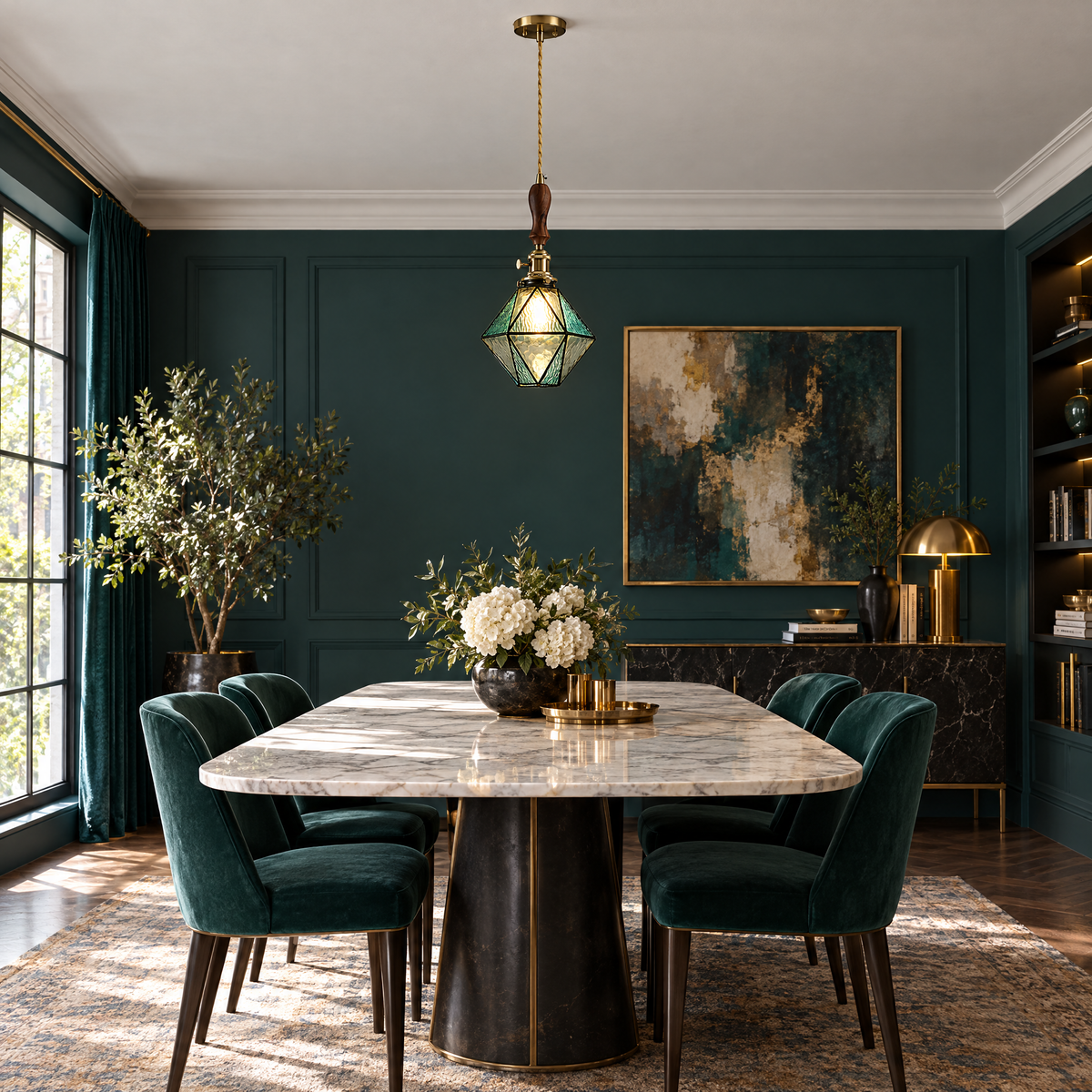 Diamond Pendant Light, Vintage Brass & Wood - C blue chandelier in a dining room