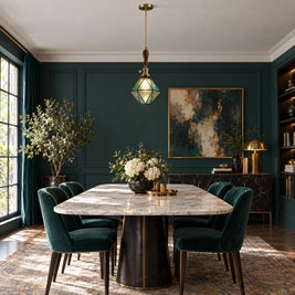 Diamond Pendant Light, Vintage Brass & Wood - C blue chandelier in a dining room