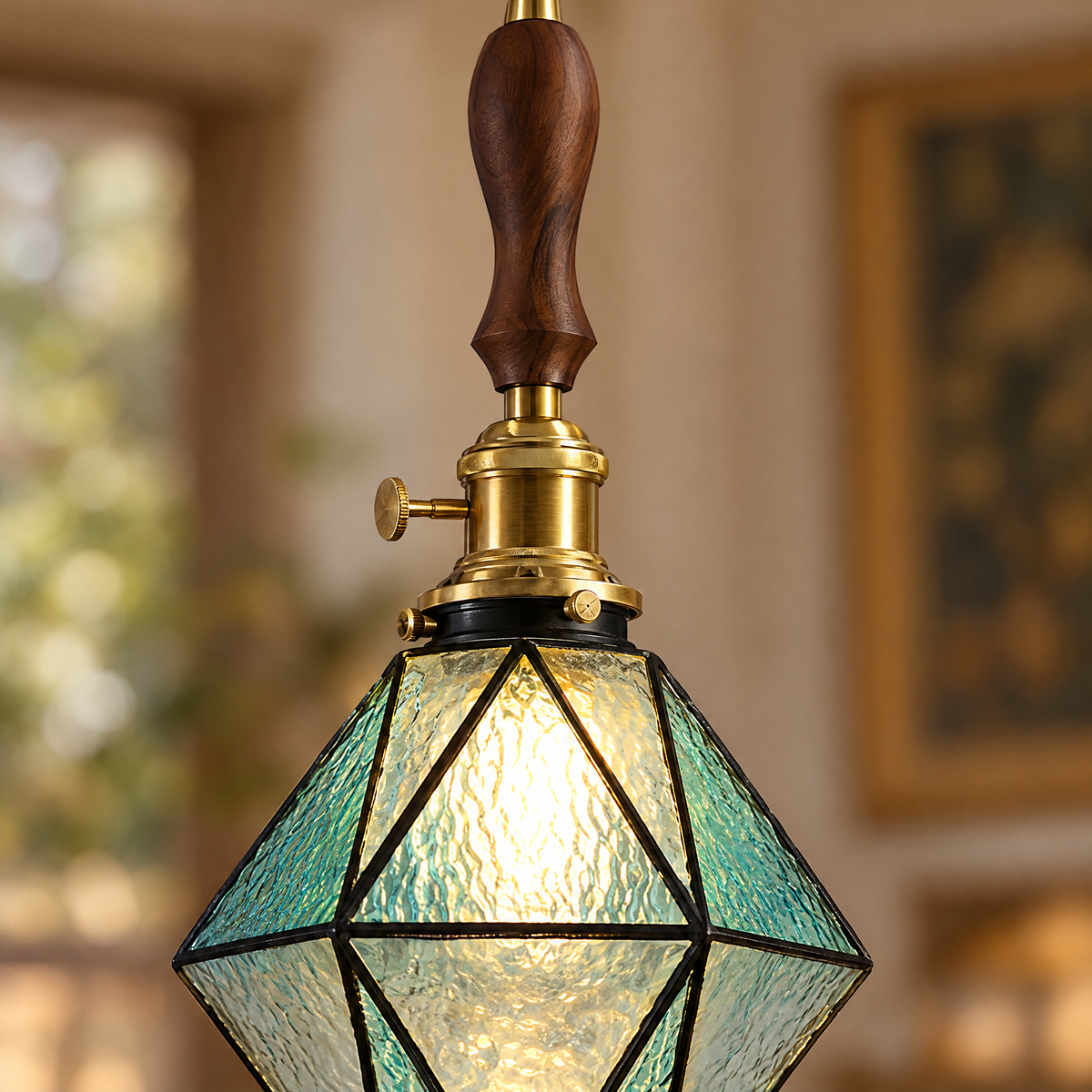 Diamond Pendant Light, Vintage Brass & Wood - C blue chandelier close-up detail