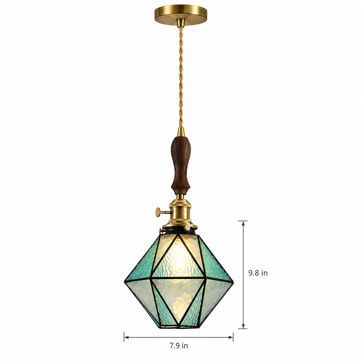 Diamond Pendant Light, Vintage Brass & Wood - C blue chandelier on white with dimensions