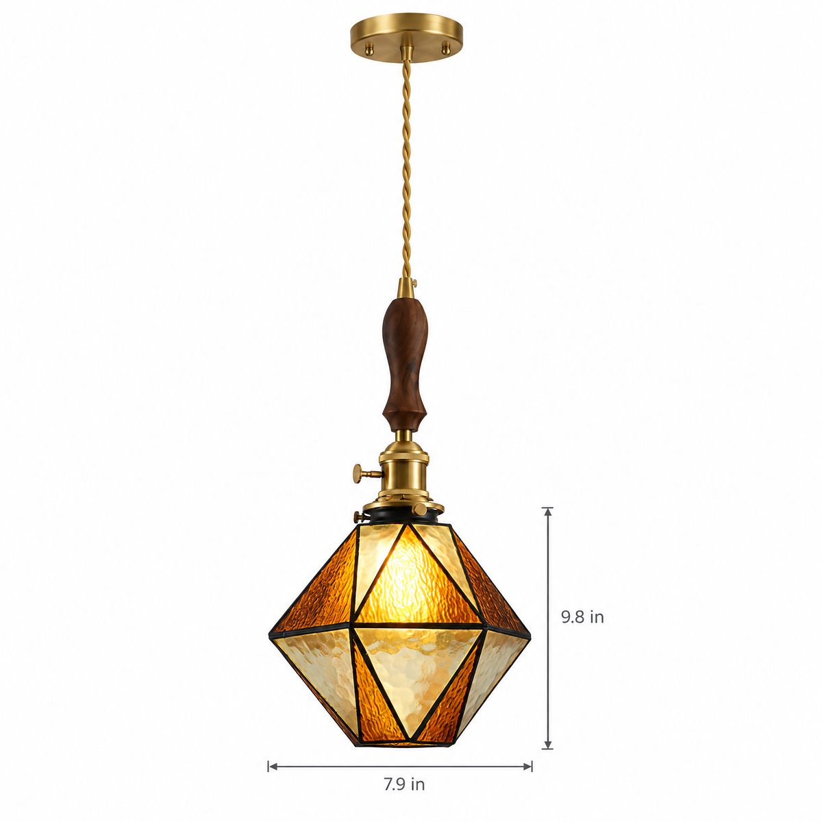 Diamond Pendant Light, Vintage Brass & Wood - B-type brown chandelier on white with dimensions