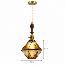 Diamond Pendant Light, Vintage Brass & Wood - B-type brown chandelier on white with dimensions