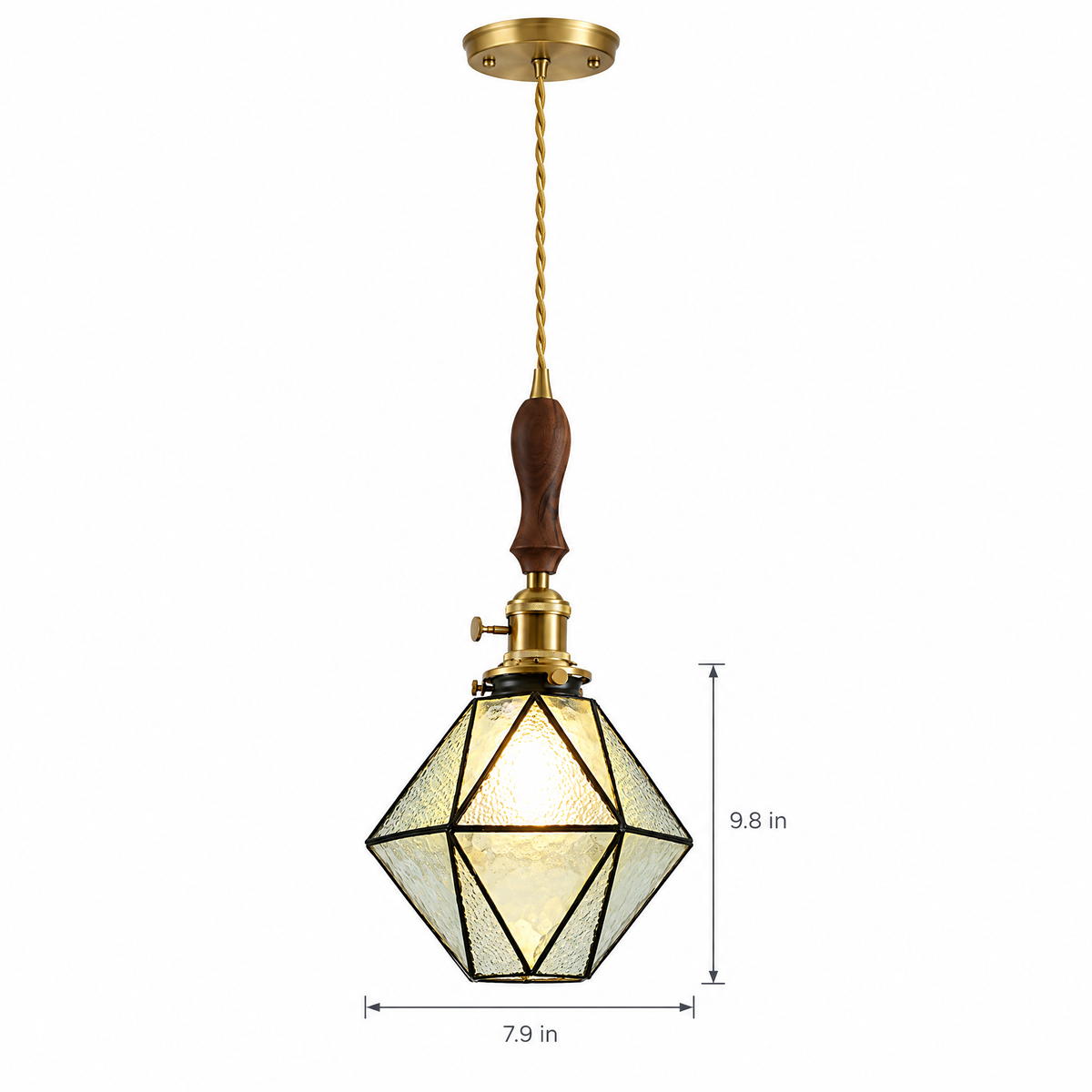 Diamond Pendant Light, Vintage Brass & Wood - A-type clear light chandelier on white with dimensions