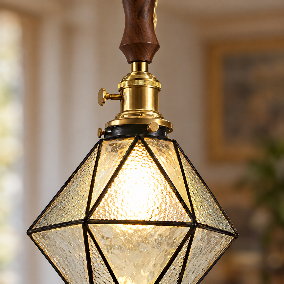 Diamond Pendant Light, Vintage Brass & Wood - A-type clear light chandelier close-up detail