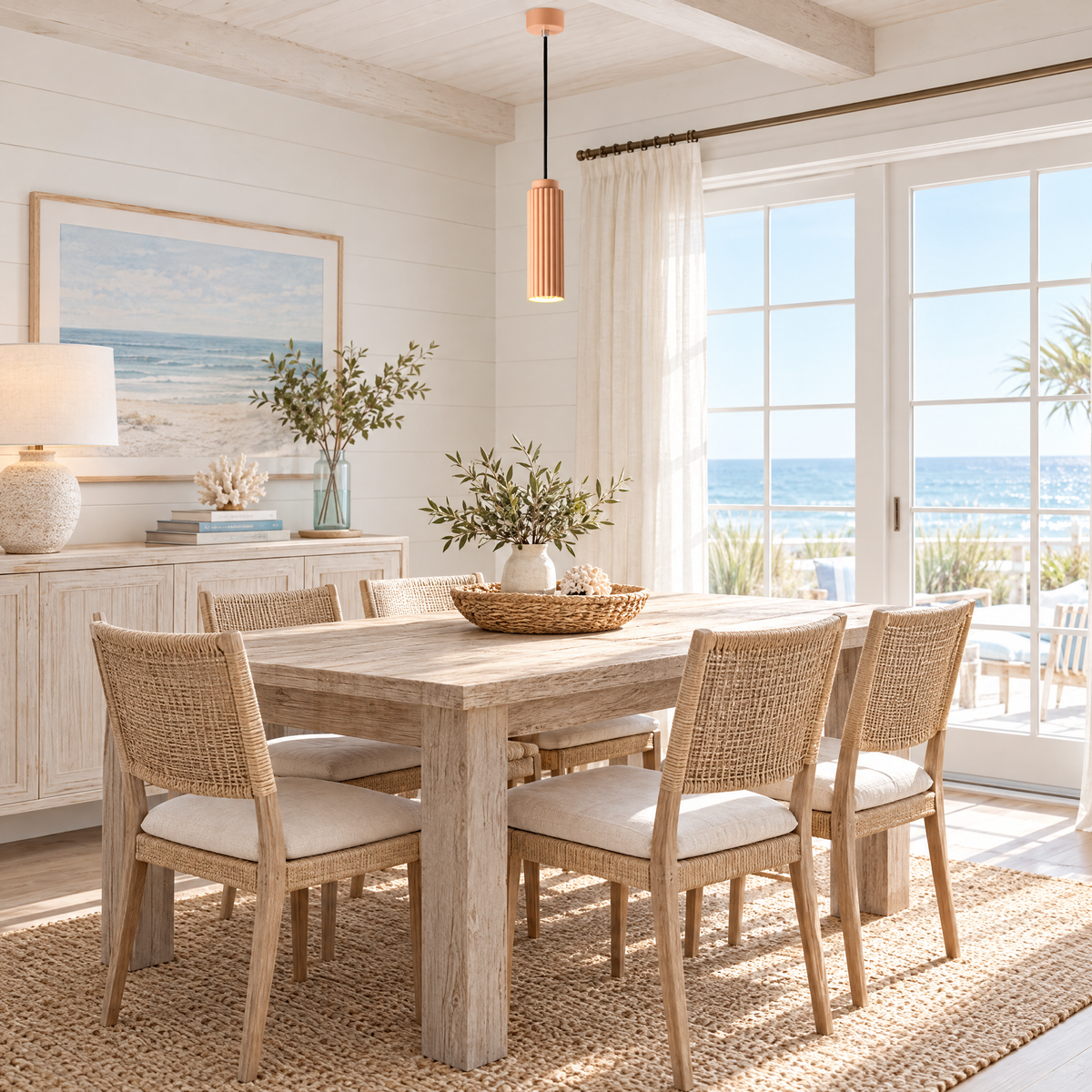 White Metal Pendant Light in 4 Colors - Lotus root pink in a dining room