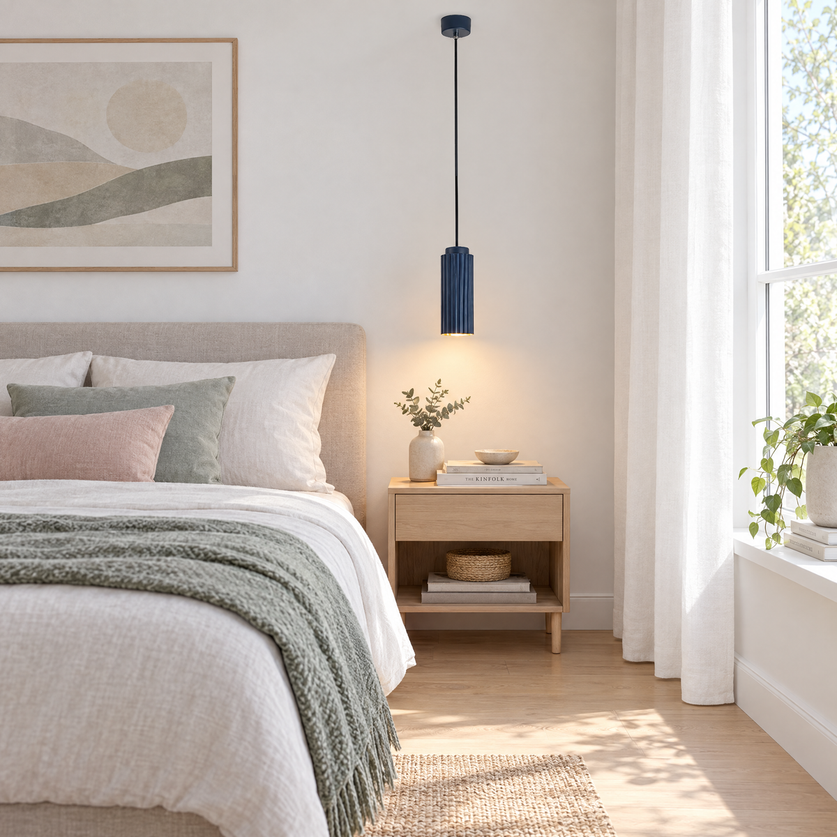 White Metal Pendant Light in 4 Colors - Dark blue in a bedroom