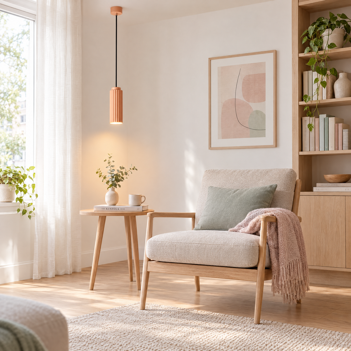 White Metal Pendant Light in 4 Colors - Lotus root pink in a reading corner