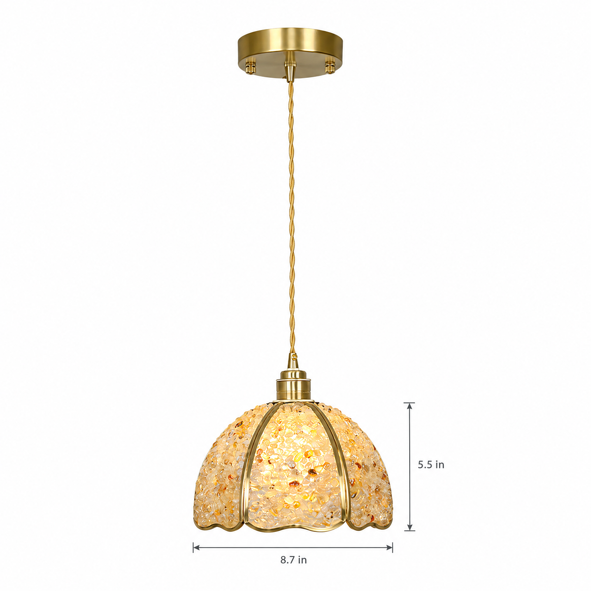 Small Crystal Dome Pendant Light, Dimmable - Model A on white with dimensions
