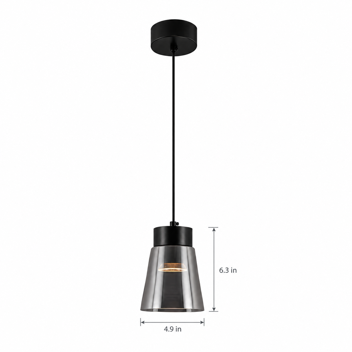 Smoke Gray Glass COB Pendant Light on white with dimensions