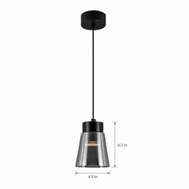 Smoke Gray Glass COB Pendant Light on white with dimensions