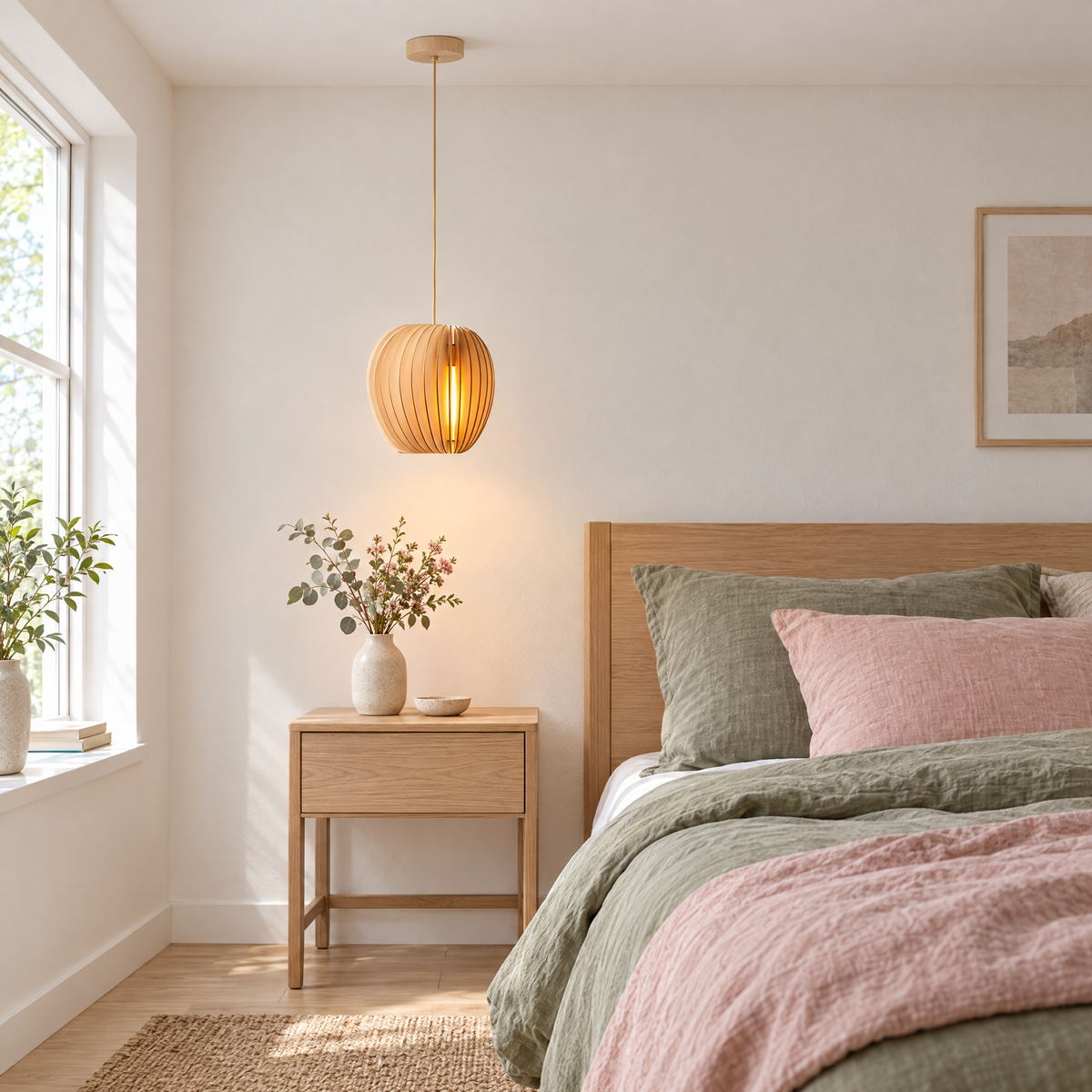 Wood Slat Pendant Light, Rustic Handmade in a bedroom